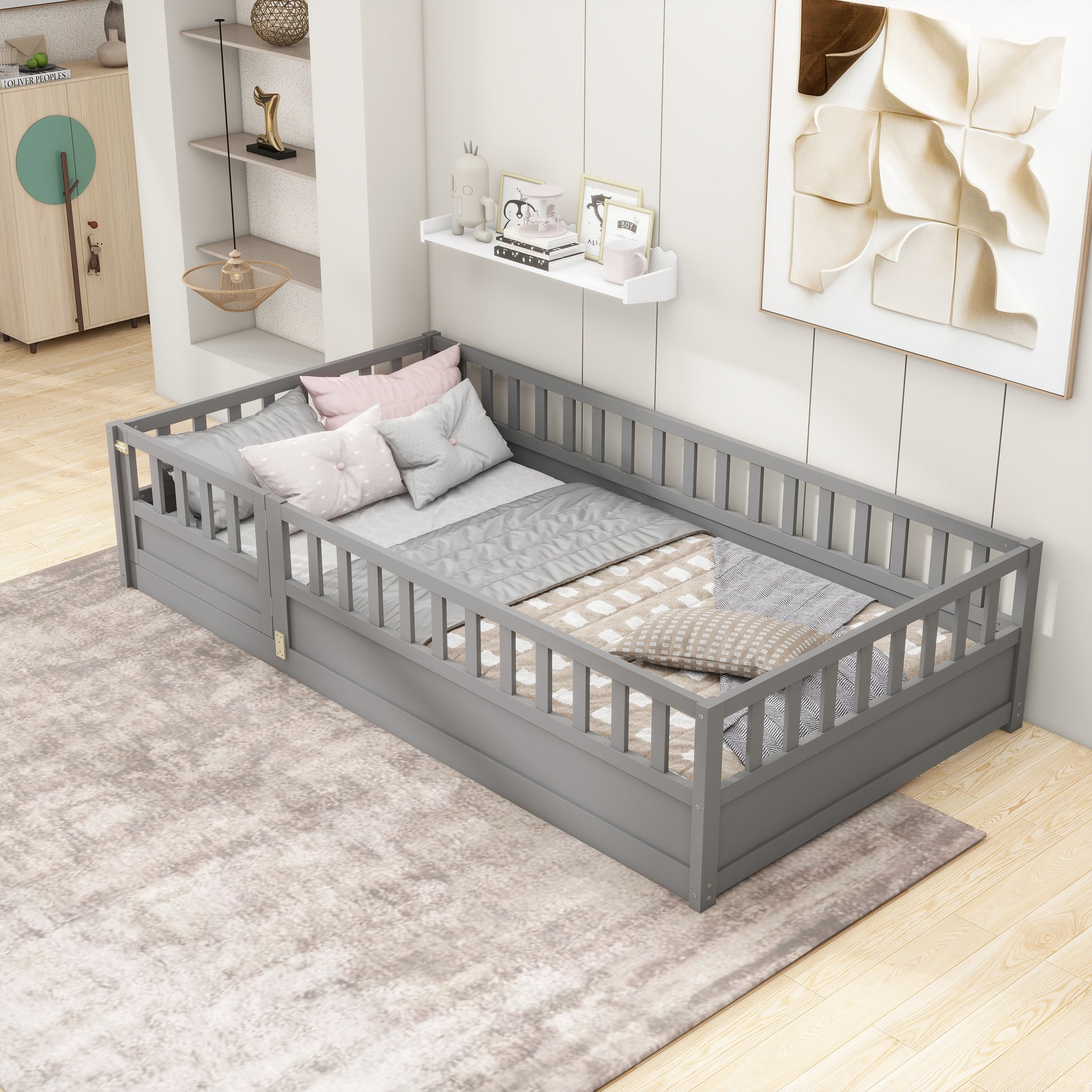 Grey wooden toddler bed with fulllength guard rails for safety and comfort