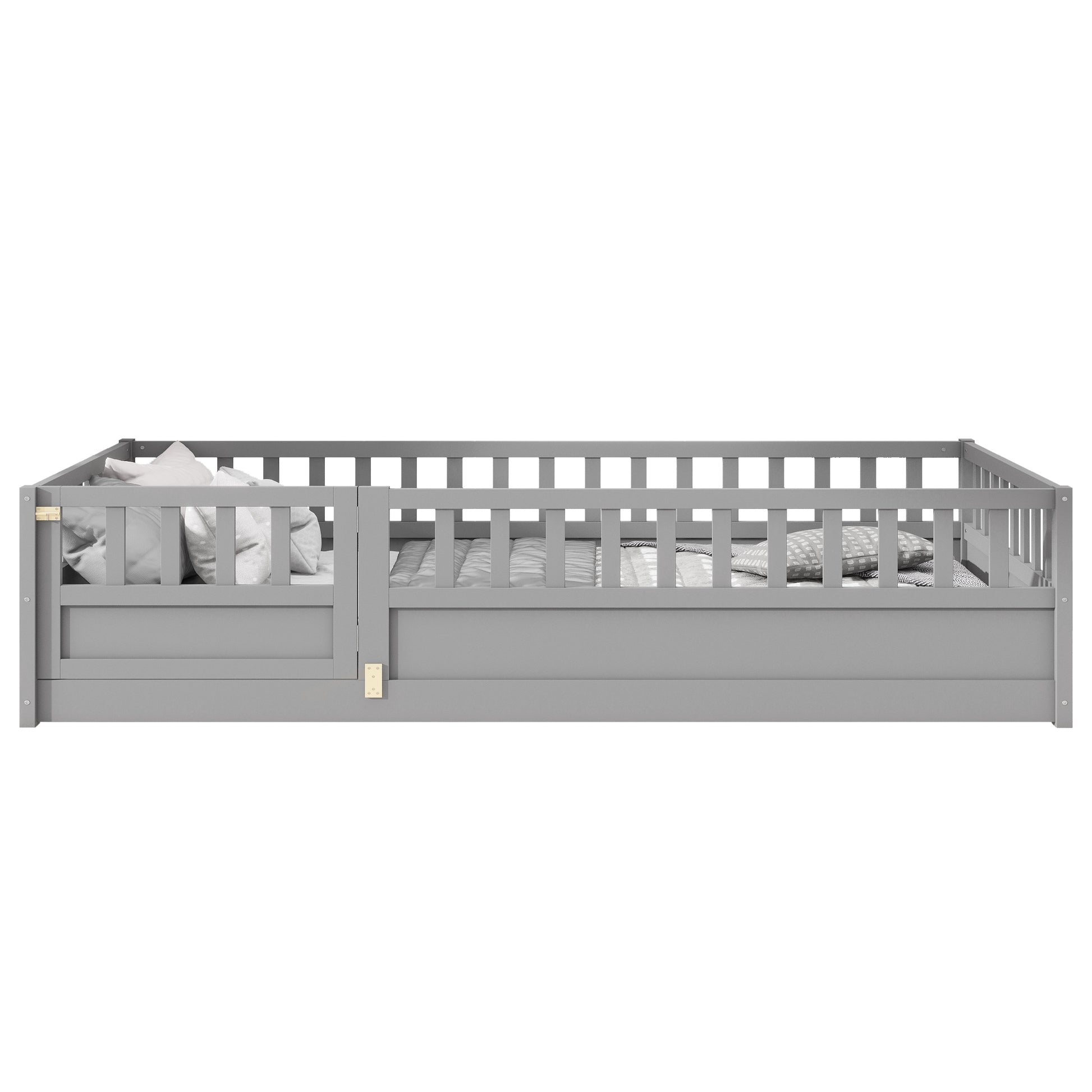 Gray wooden toddler bed with railings and patterned bedding