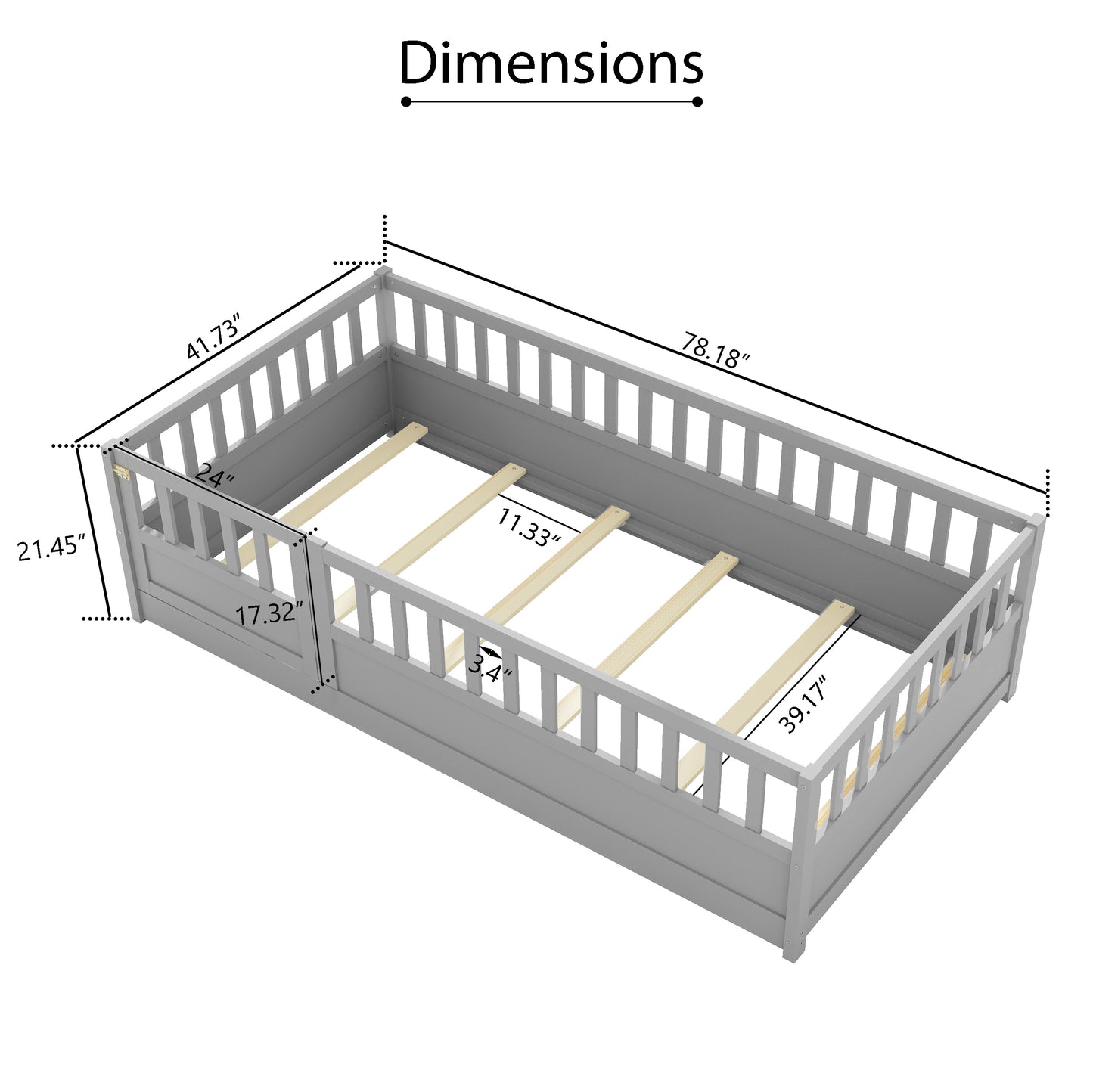 Gray toddler bed frame with full side rails dimensions  L x  W