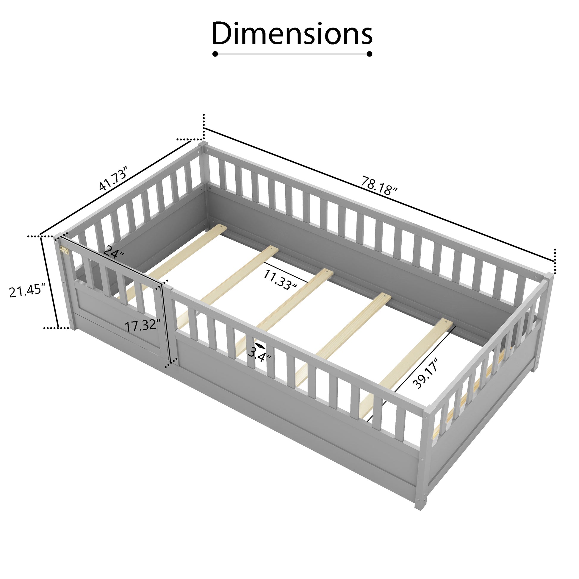 Gray toddler bed frame with full side rails dimensions  L x  W