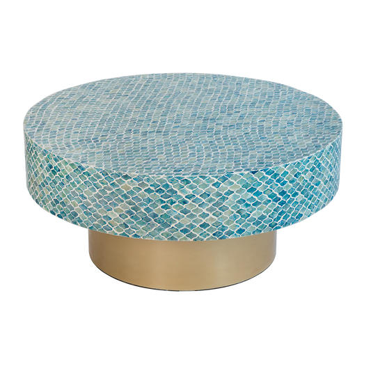 Round blue mosaic coffee table with brass base  chars