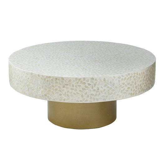 Round bone inlay coffee table with intricate floral patterns and brass pedestal base