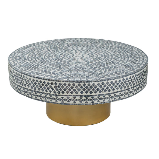 Round mosaic coffee table with intricate grey and white pattern on gold pedestal