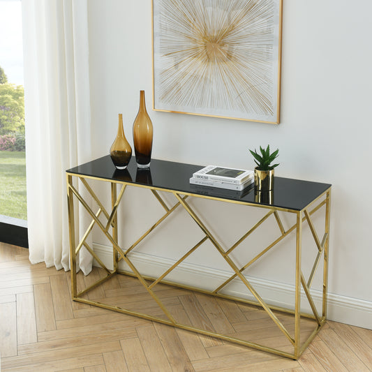 Modern black glass console table with geometric gold metal frame perfect for entryways