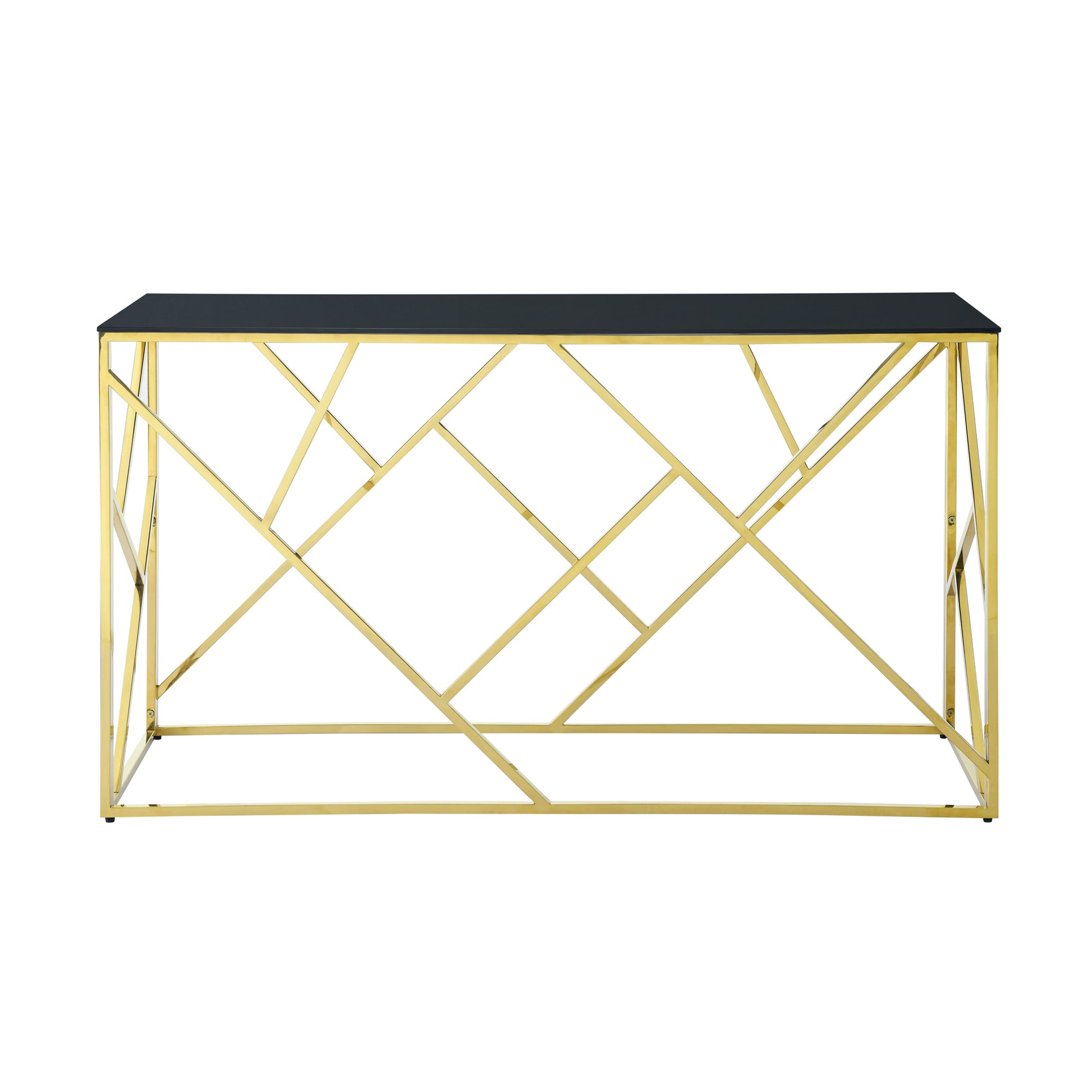 Gold geometric console table with black top