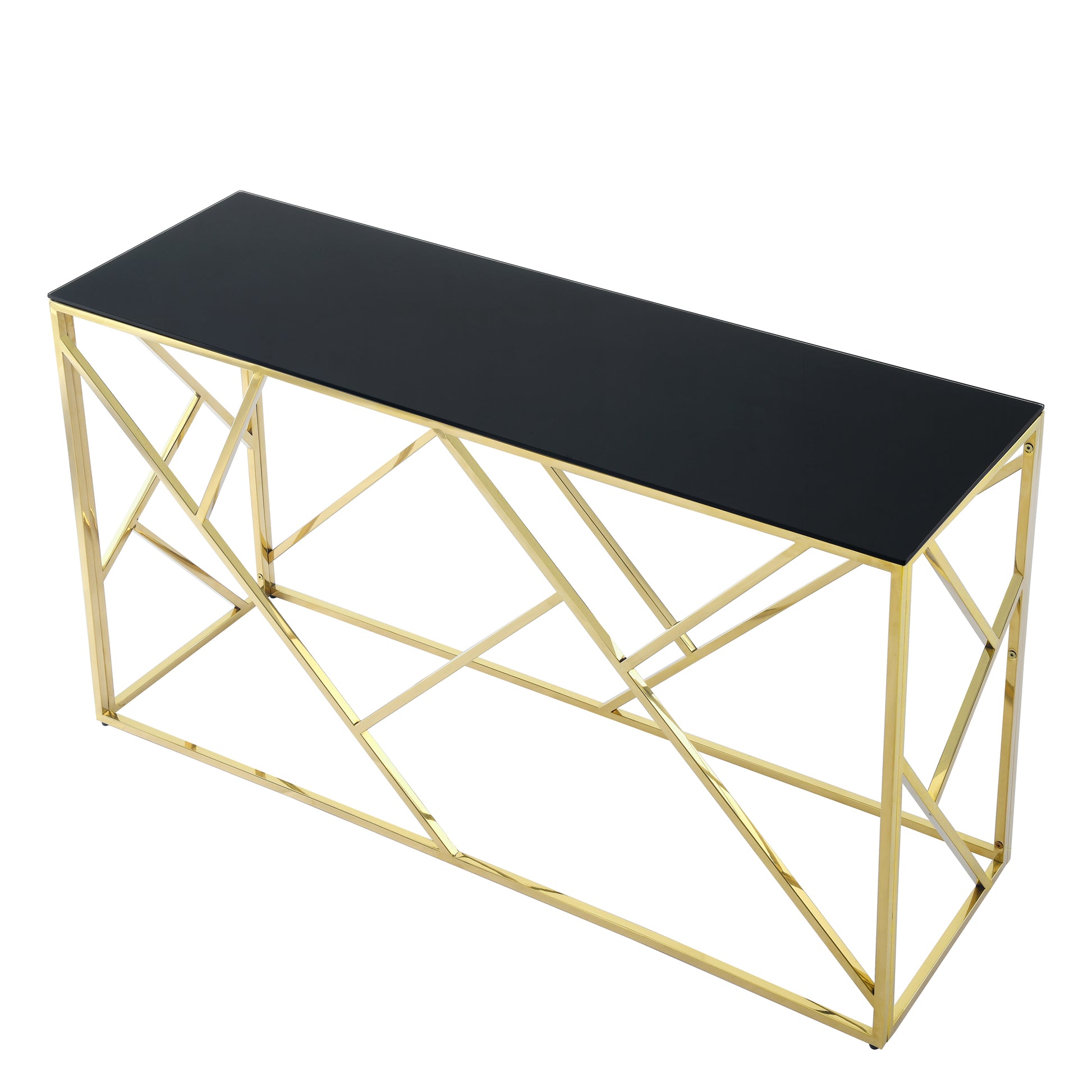 Modern gold console table with a sleek black glass top and geometric base