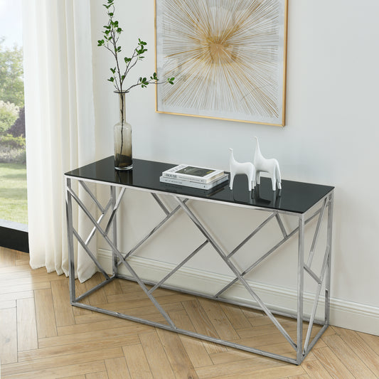 Modern console table with polished chrome frame and sleek black glass top