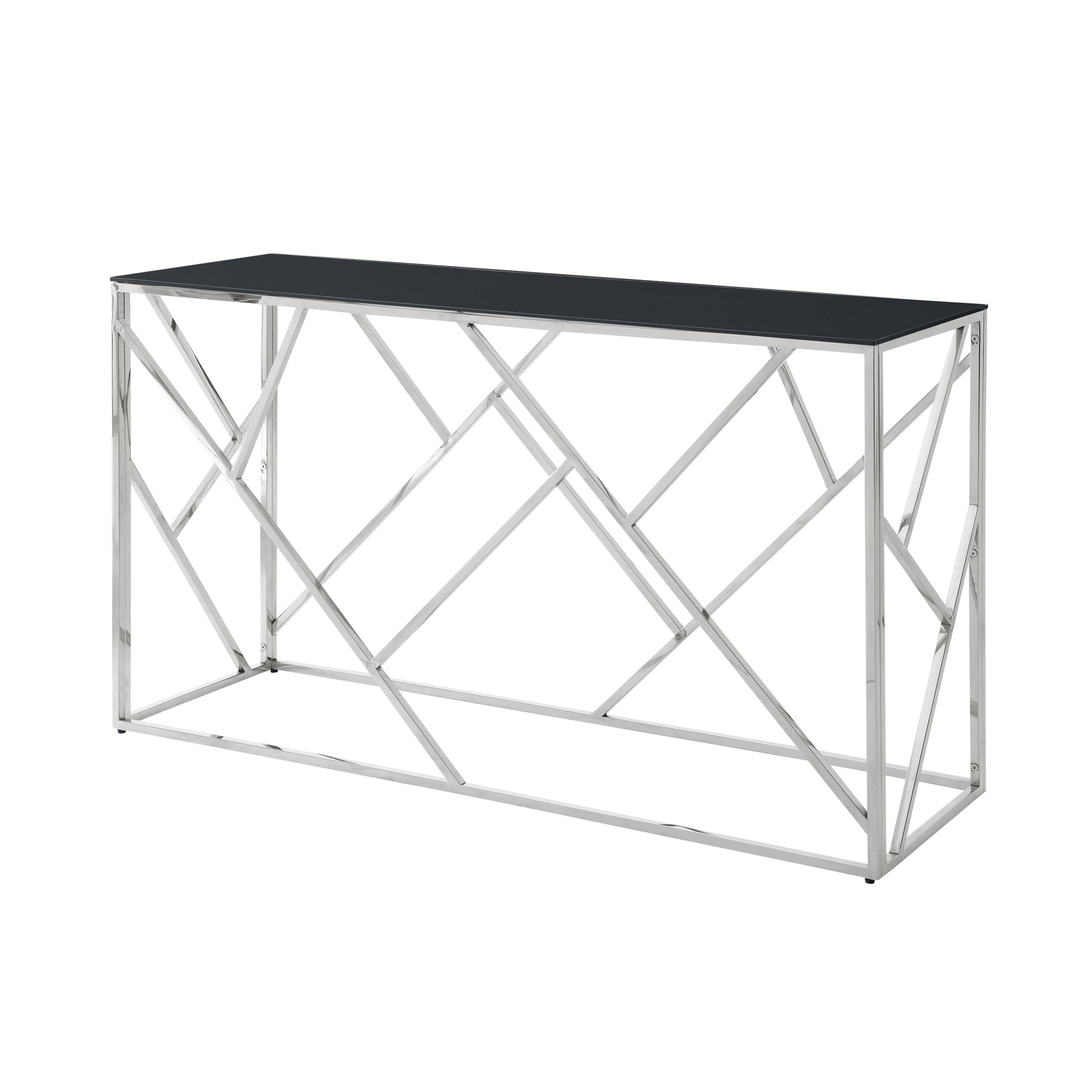 Sleek console table with a black glass top and polished chrome geometric base