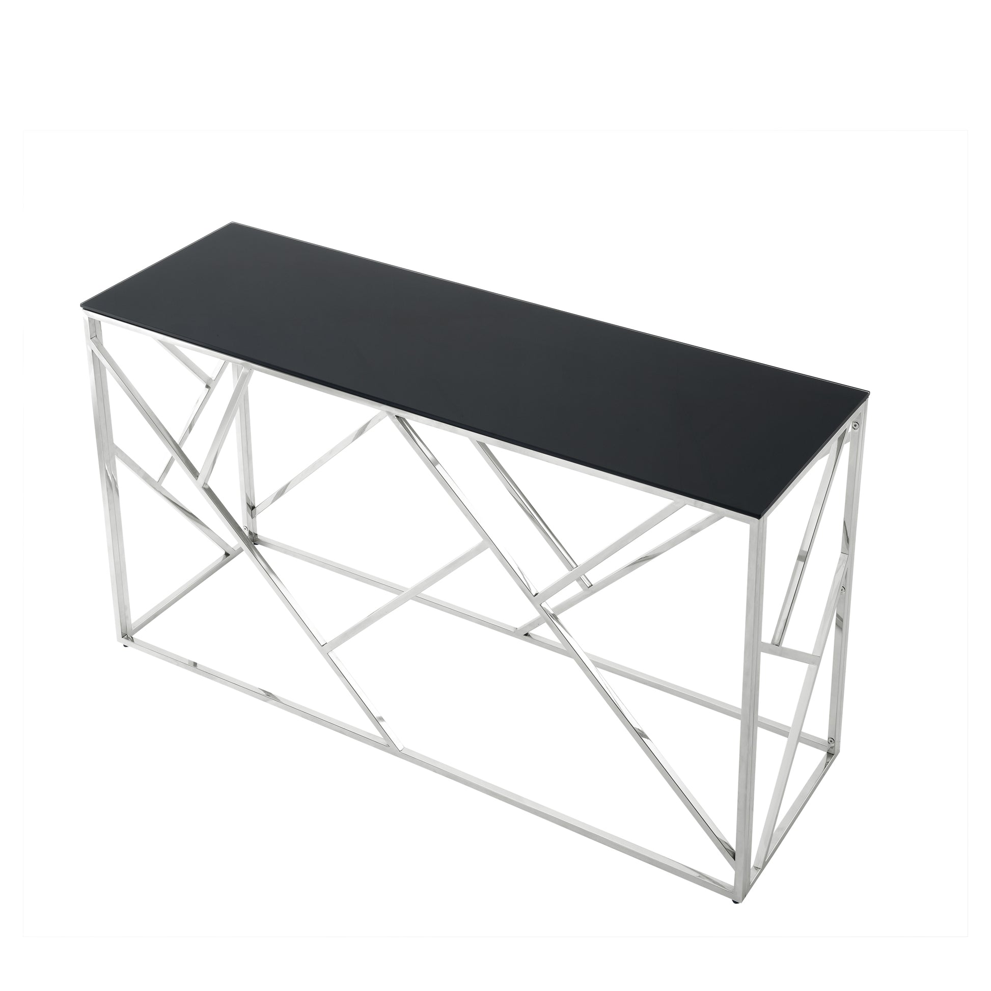 Sleek black glass top console table with chrome geometric base ideal for modern entryways