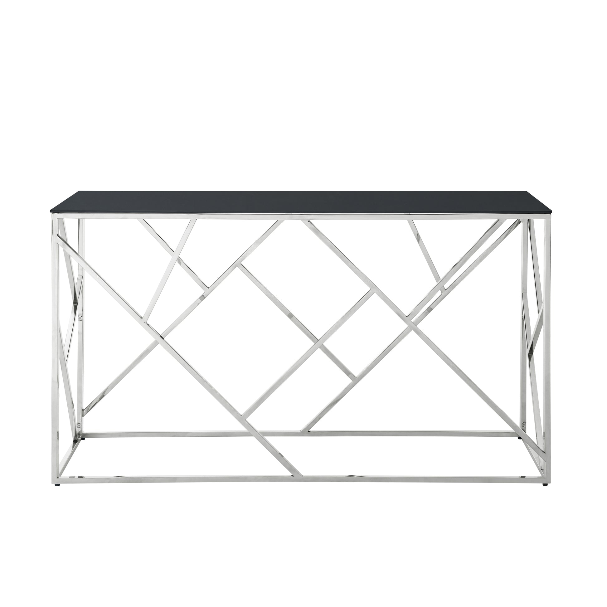 Geometric chrome console table with a dark grey glass top for stylish entryways