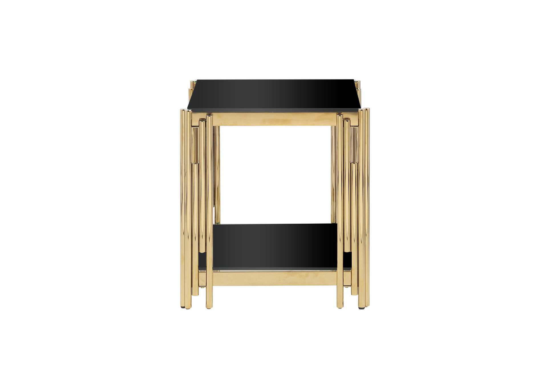 Modern nesting side tables with goldfinished metal frames and black glass tops