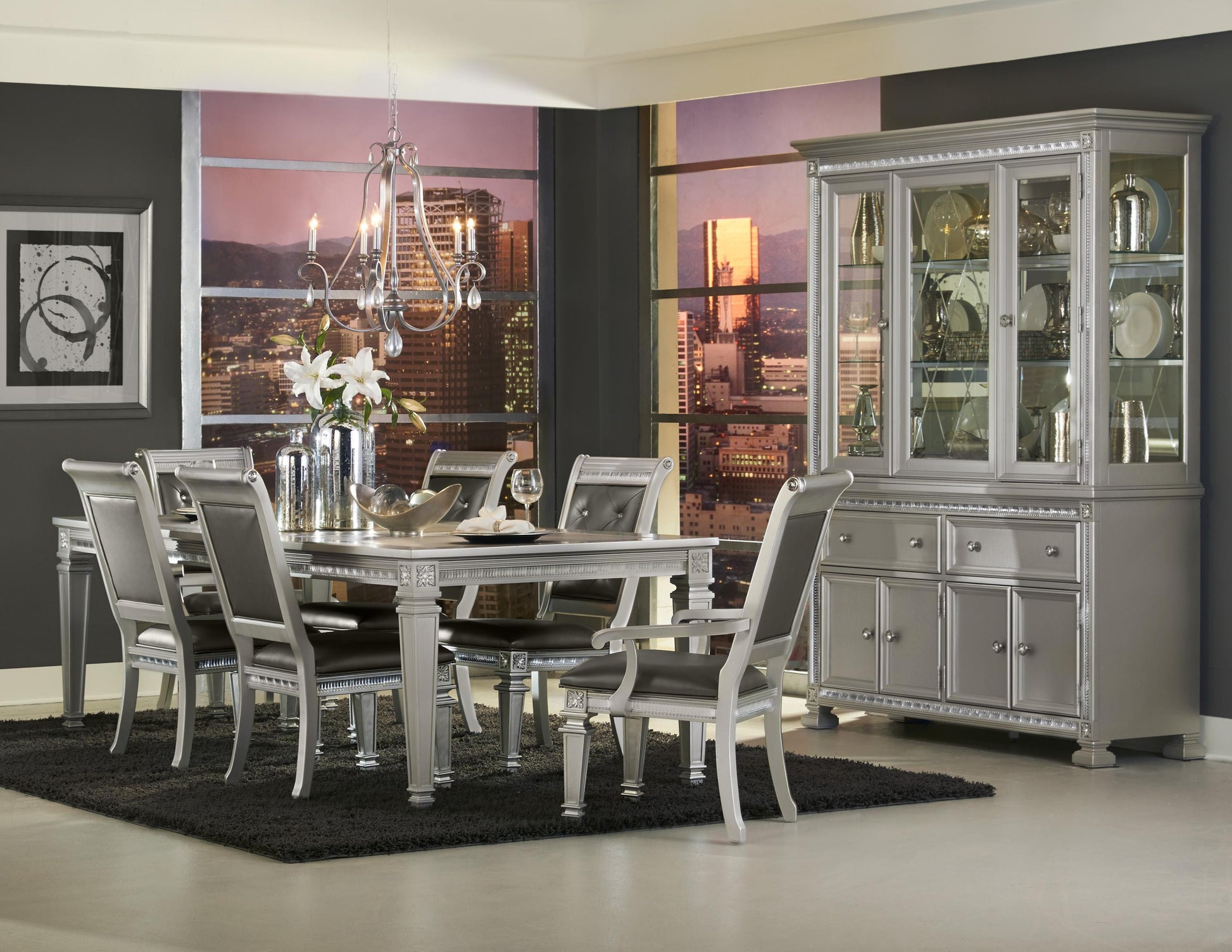 Silver dining room set with mirrored hutch