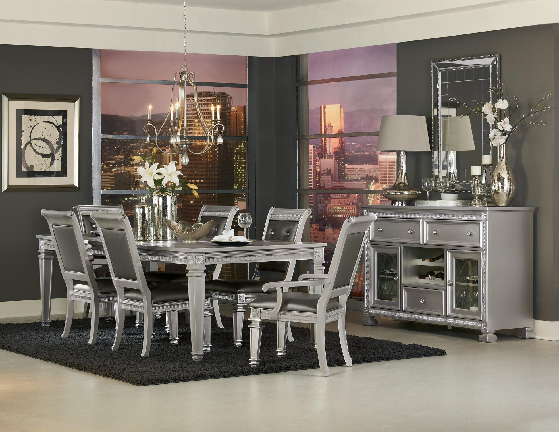 Elegant silver dining table set with upholstered chairs