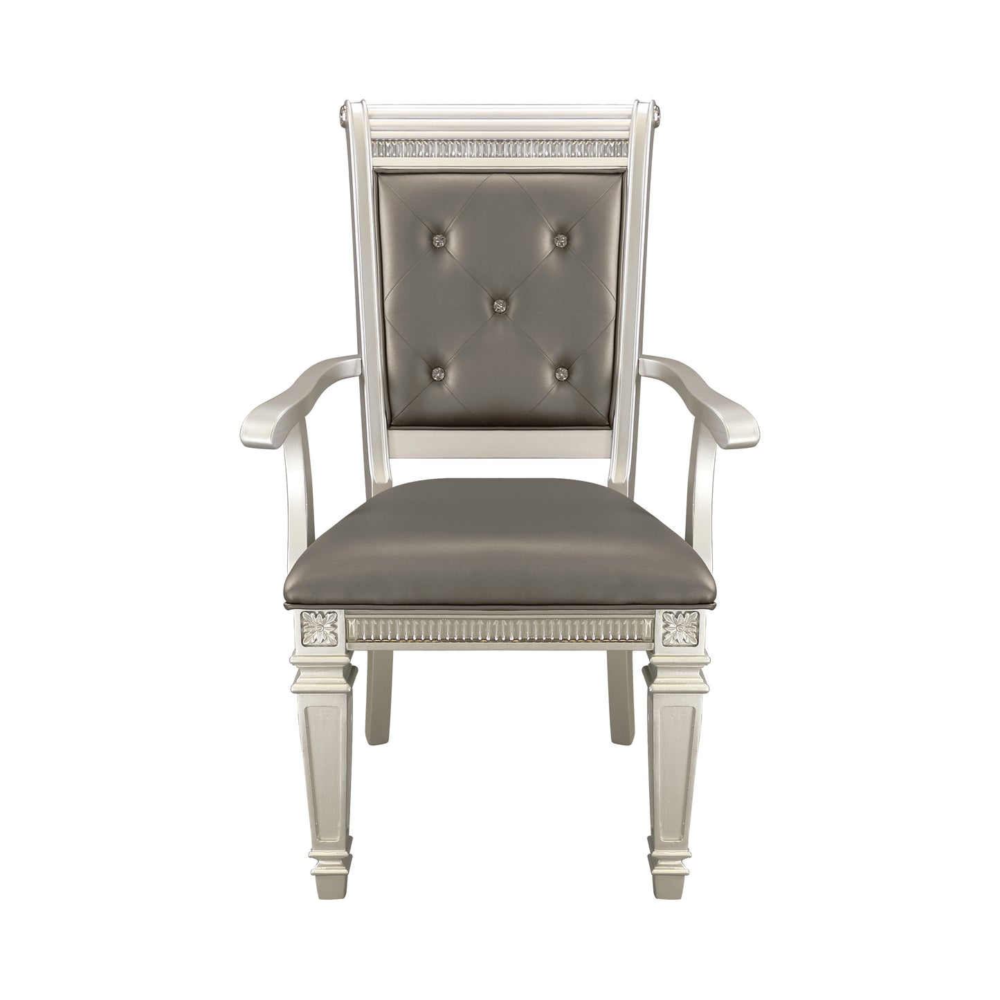 Tufted grey leather dining chair with silver wood frame and crystal accents