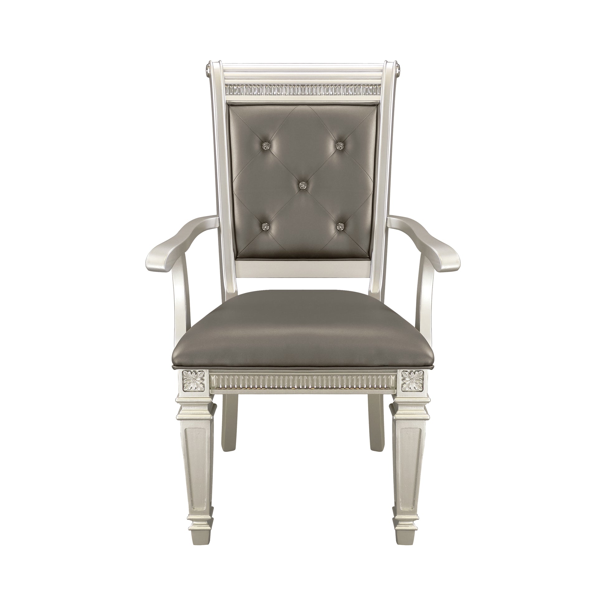 Tufted grey leather dining chair with silver wood frame and crystal accents