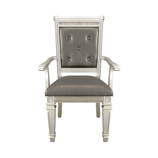 Tufted grey leather dining chair with silver wood frame and crystal accents