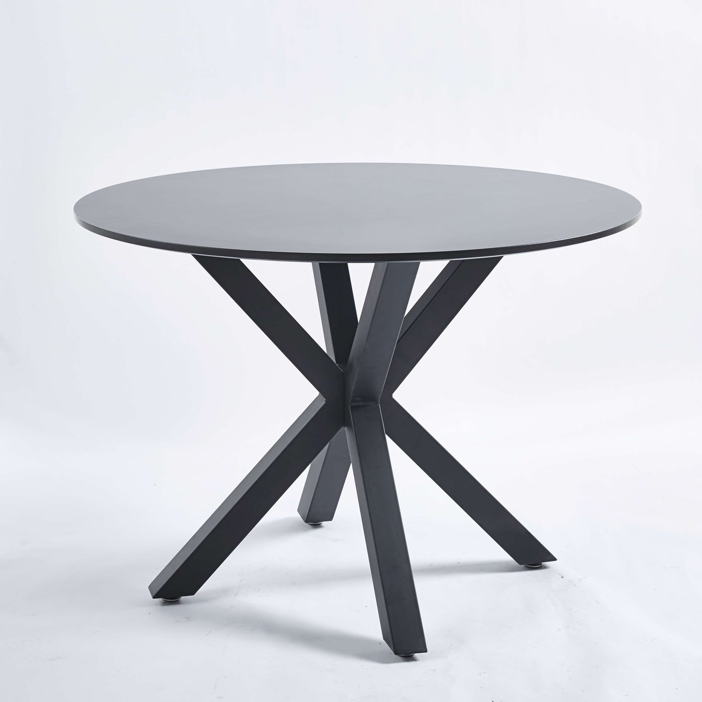 Dark grey round dining table with a geometric metal base