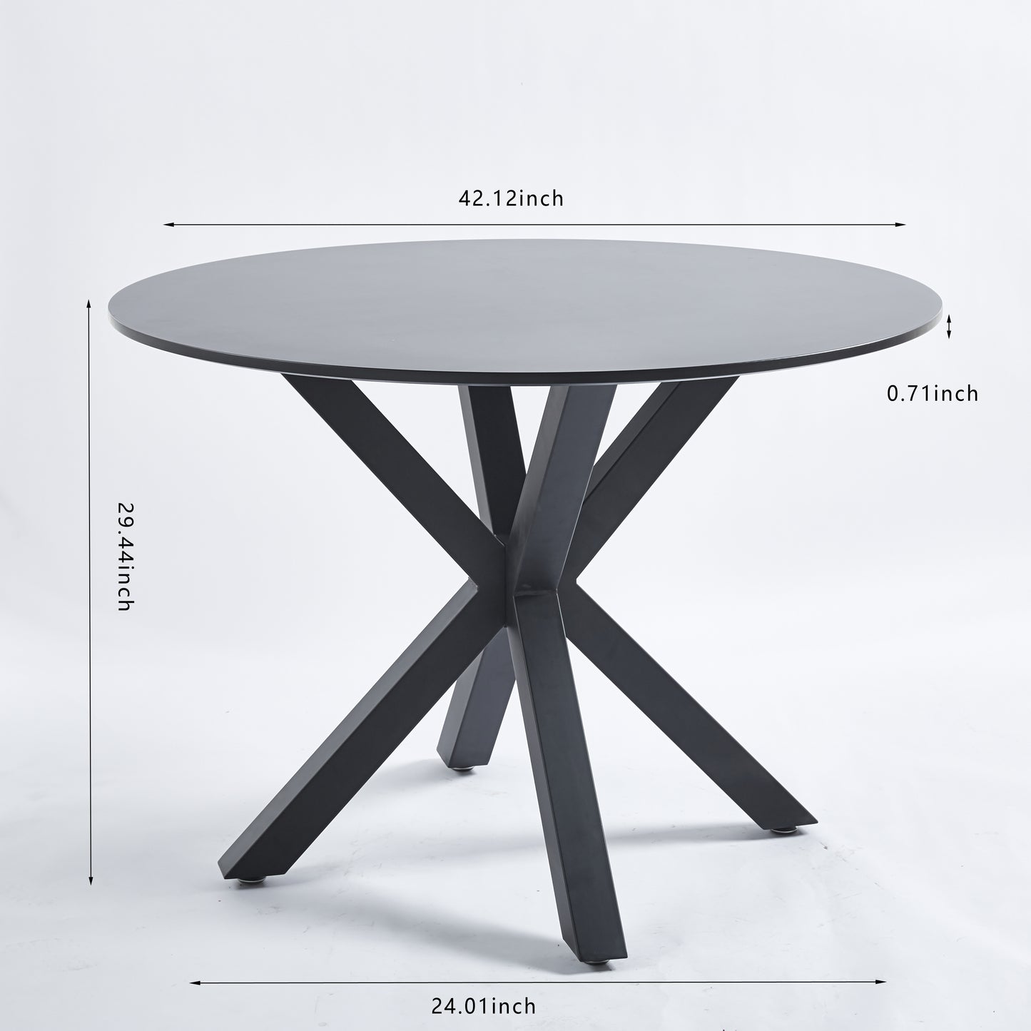 Modern round dining table with matte black finish and metal spider leg base inch diameter