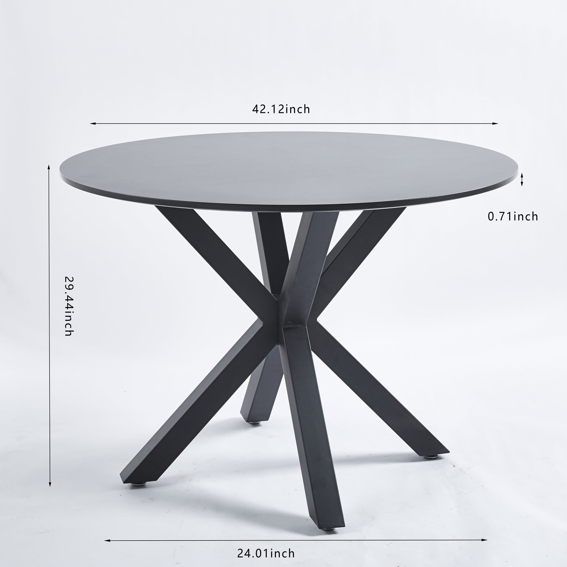 Modern round dining table with matte black finish and metal spider leg base inch diameter