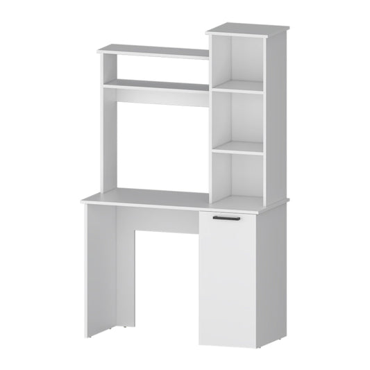 Modern white computer desk with hutch and storage cabinet for home office