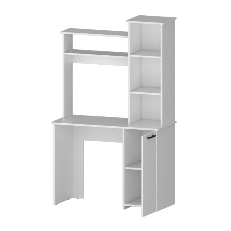 White modern computer desk with integrated shelving and storage cabinet