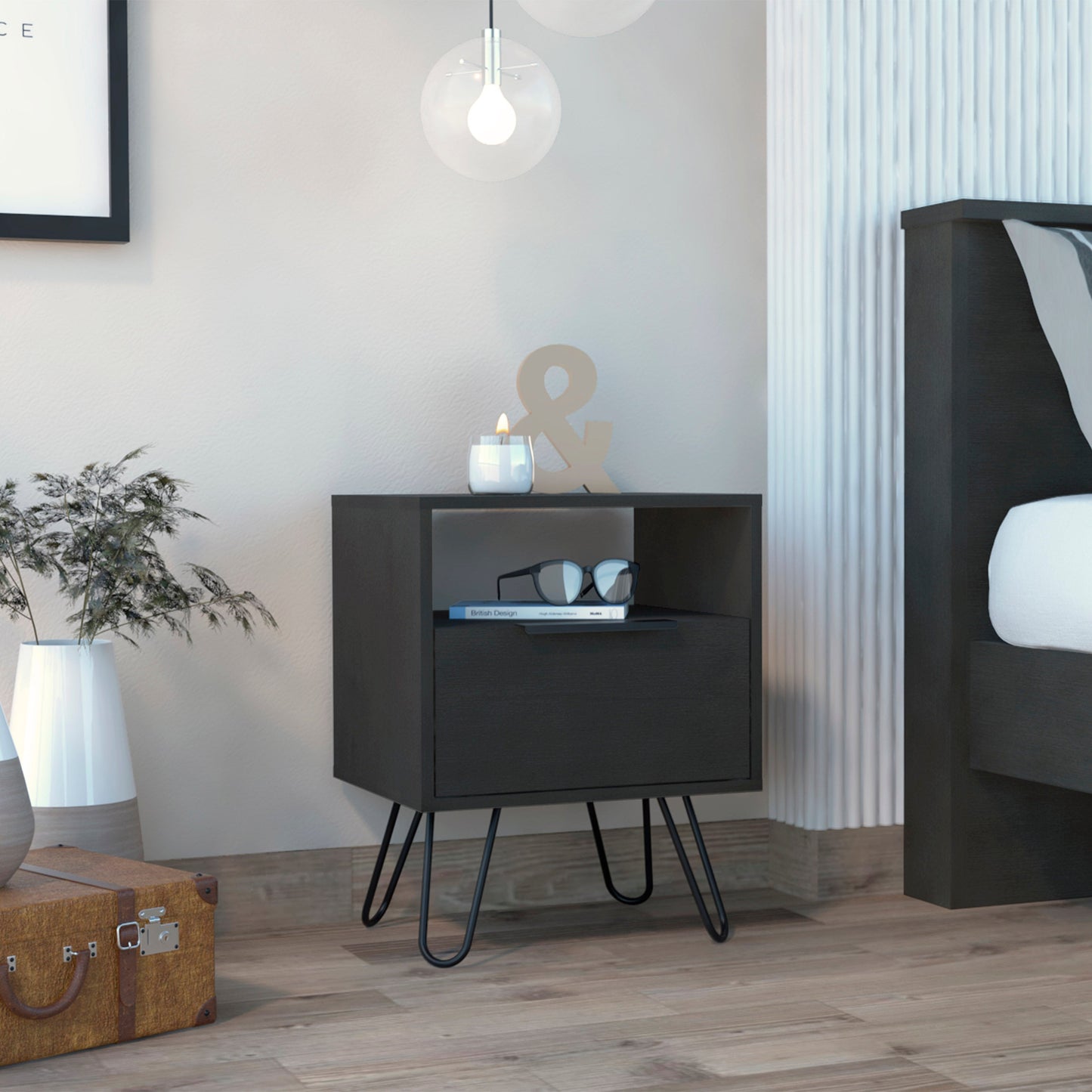 Modern black bedside table with hairpin legs perfect for contemporary bedrooms