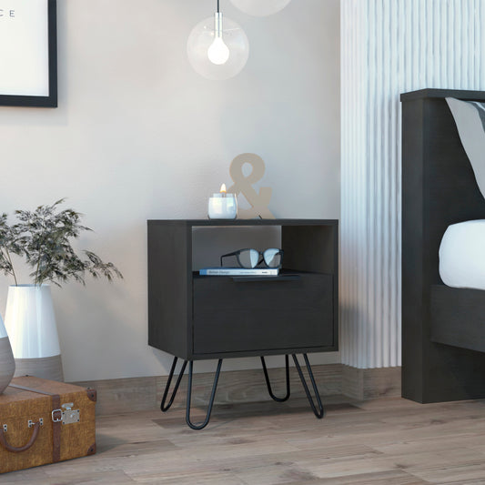 Modern black bedside table with hairpin legs perfect for contemporary bedrooms
