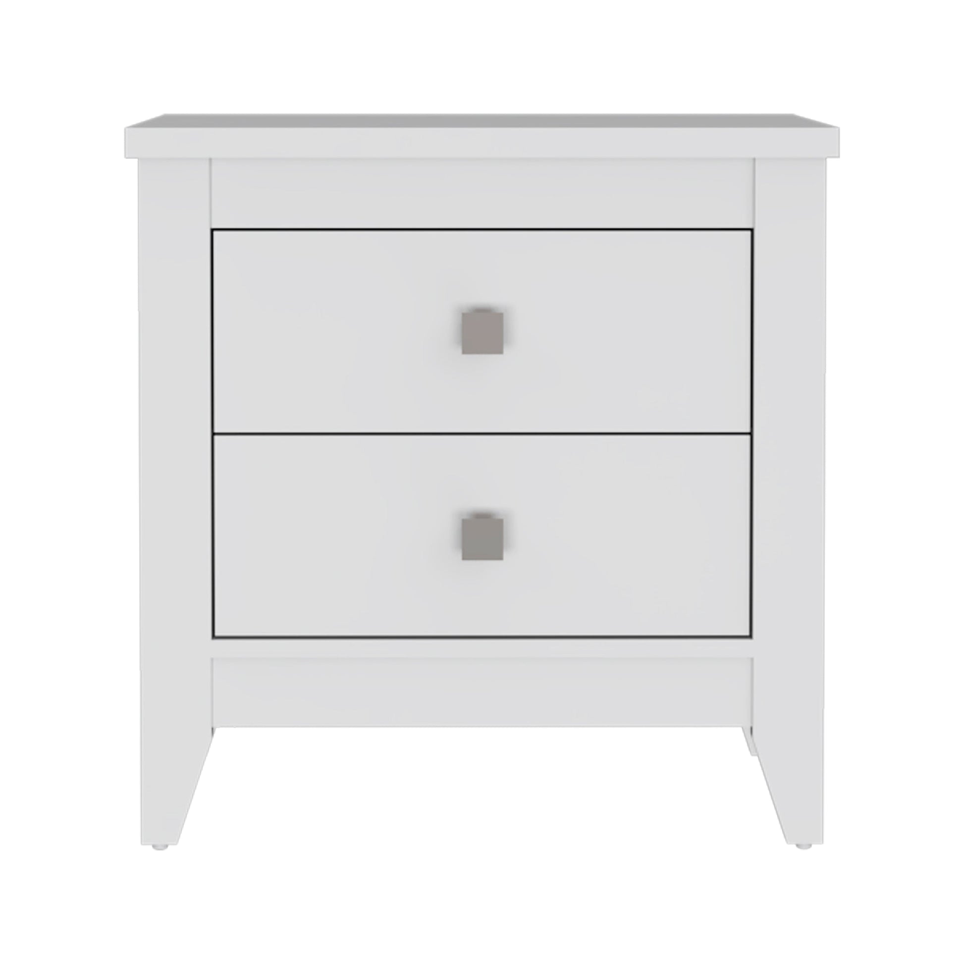 White wooden nightstand with two drawers and silver square knobs