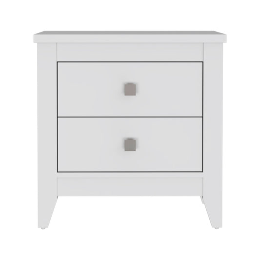 White wooden nightstand with two drawers and silver square knobs