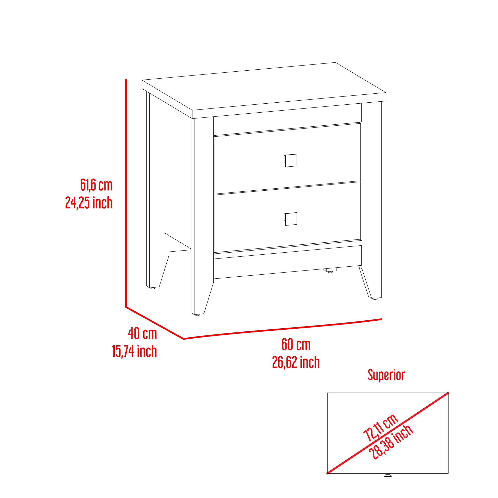 Line drawing of a twodrawer nightstand with red dimension lines indicating height width and depth