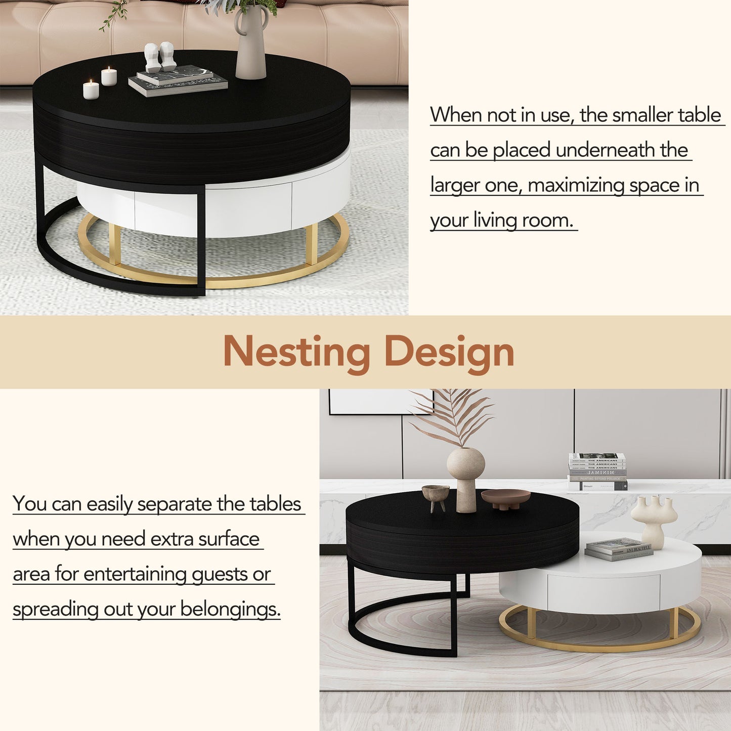 Round nesting coffee table set in black and white with gold accents