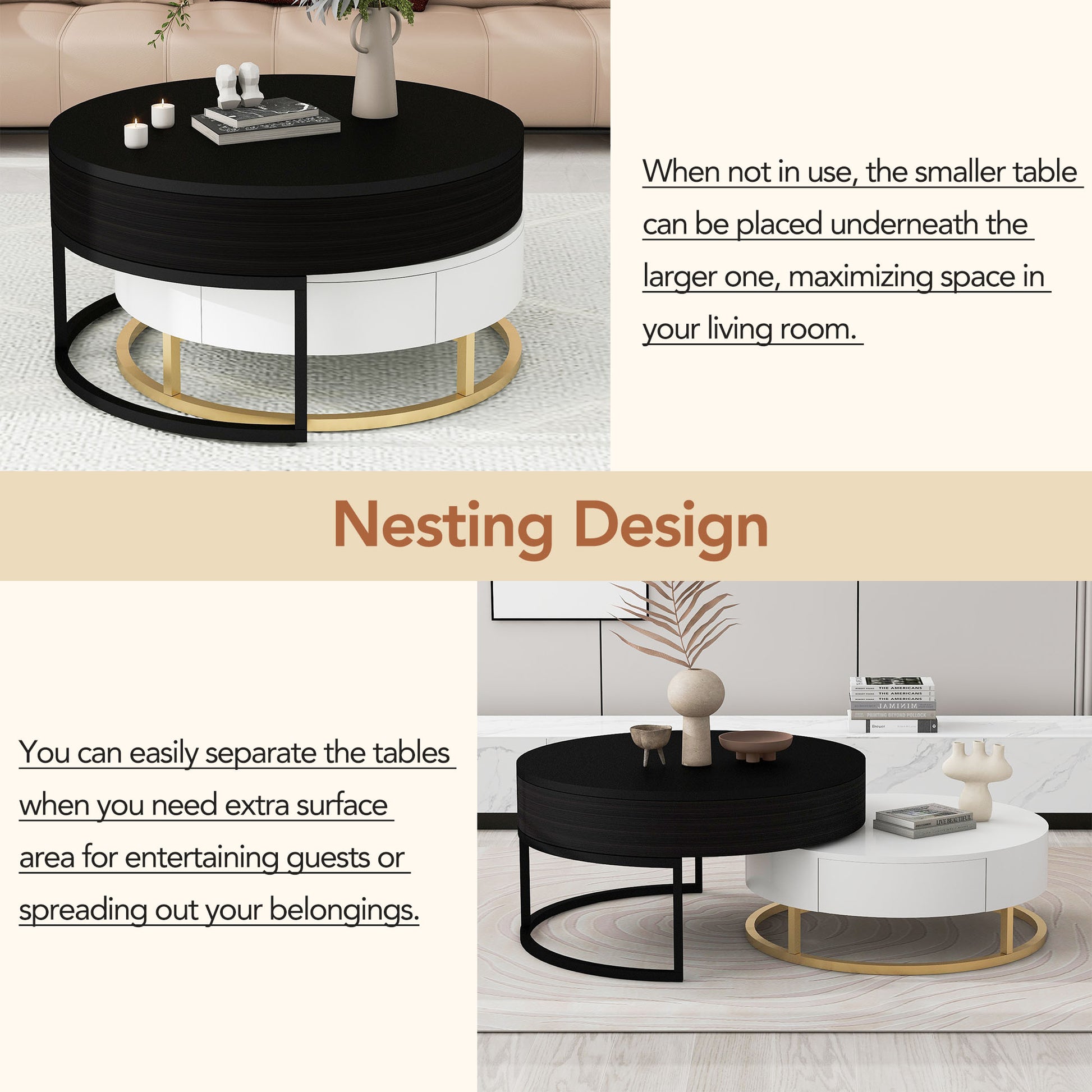 Round nesting coffee table set in black and white with gold accents