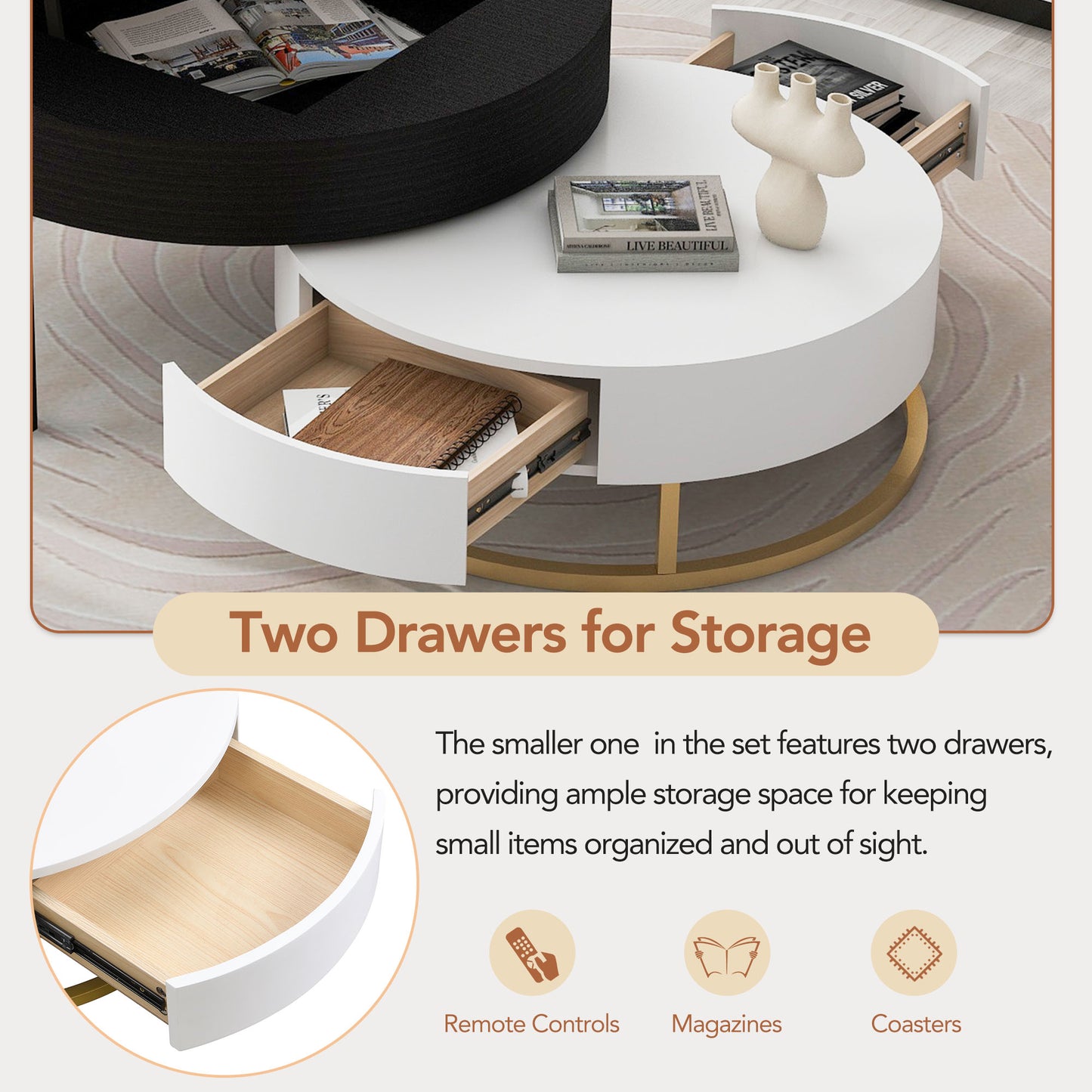 Round white coffee table with two open drawers and gold accents