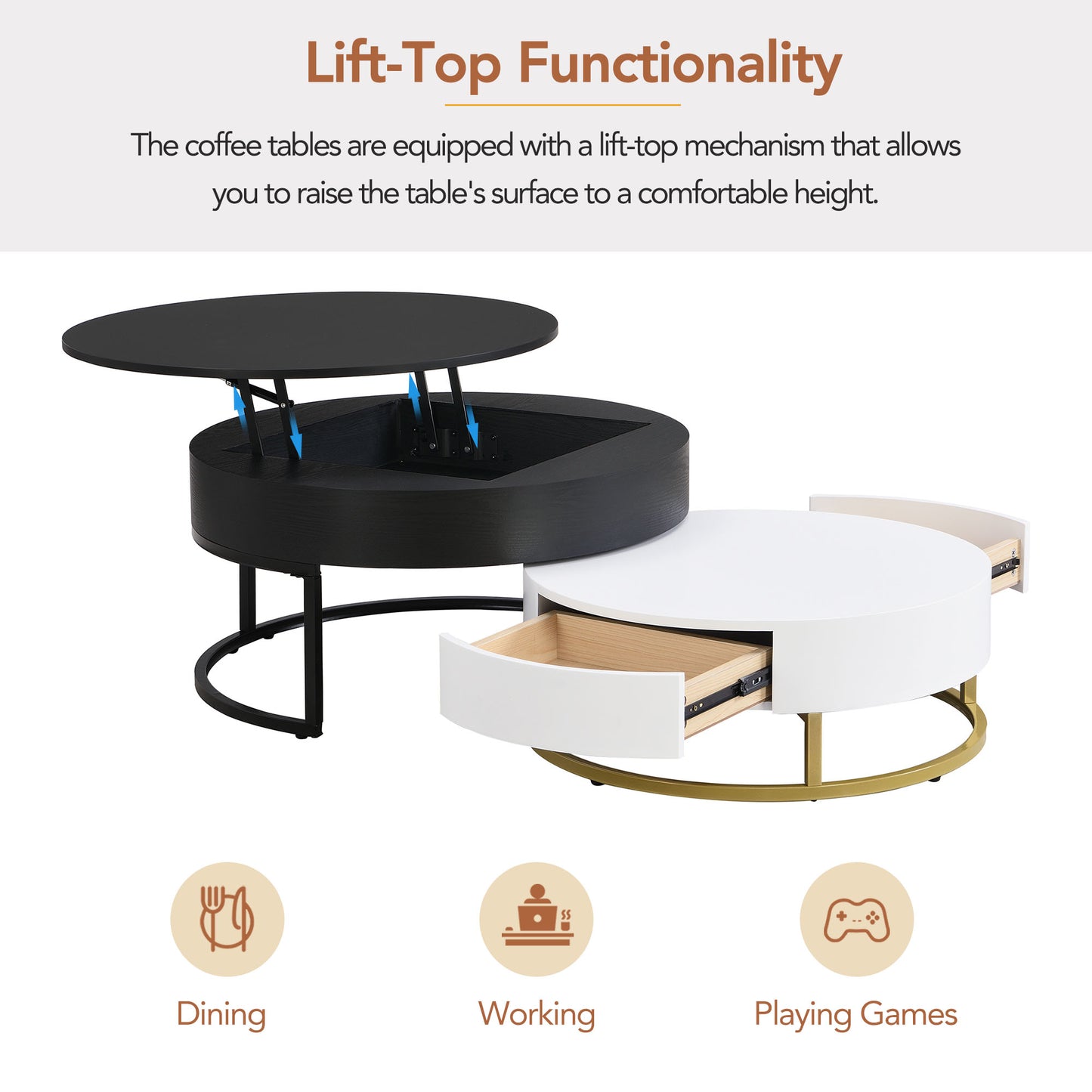 Black lifttop coffee table with open drawer offering versatile dining and working functionality