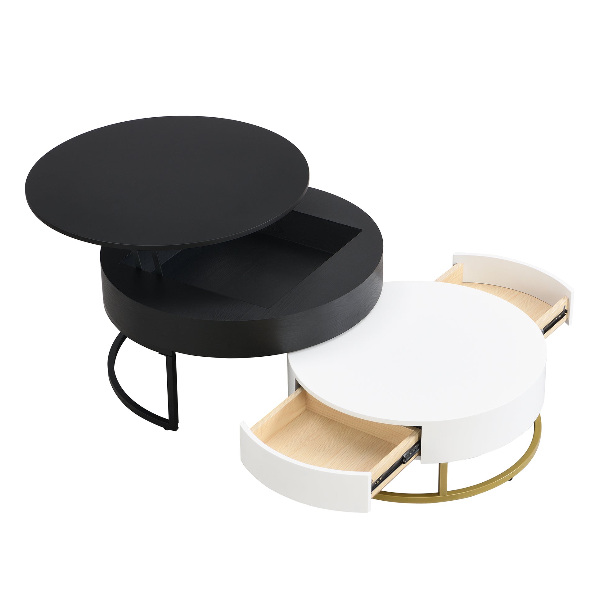 Modern rotating coffee table with lifttop and hidden storage in black and white finish