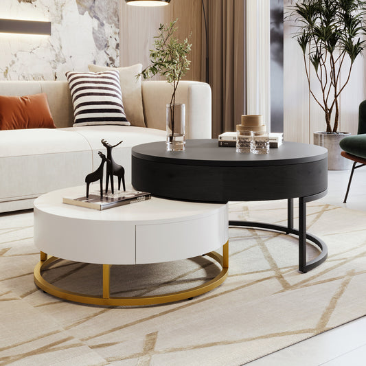 Modern round nesting coffee tables in black and white with gold accents
