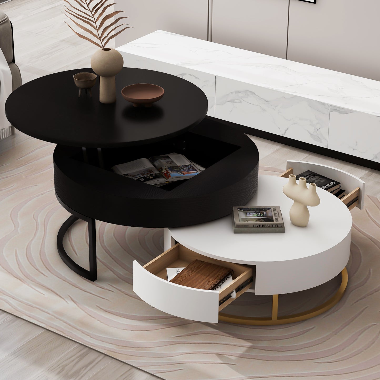 Modern black and white lifttop coffee table with ample storage and drawers