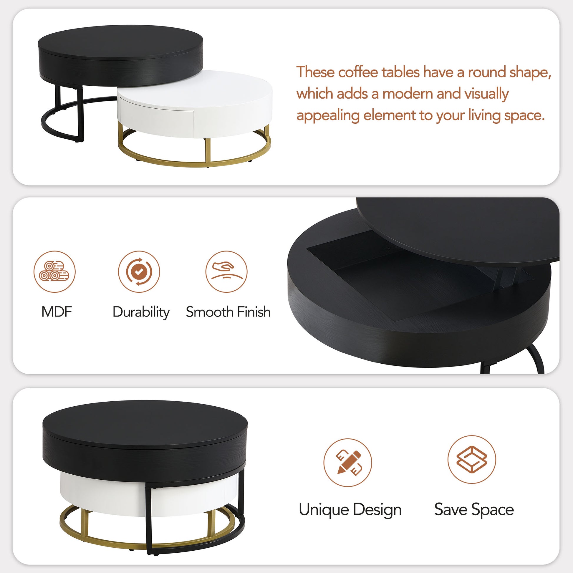 Round black and white MDF coffee tables with gold accents