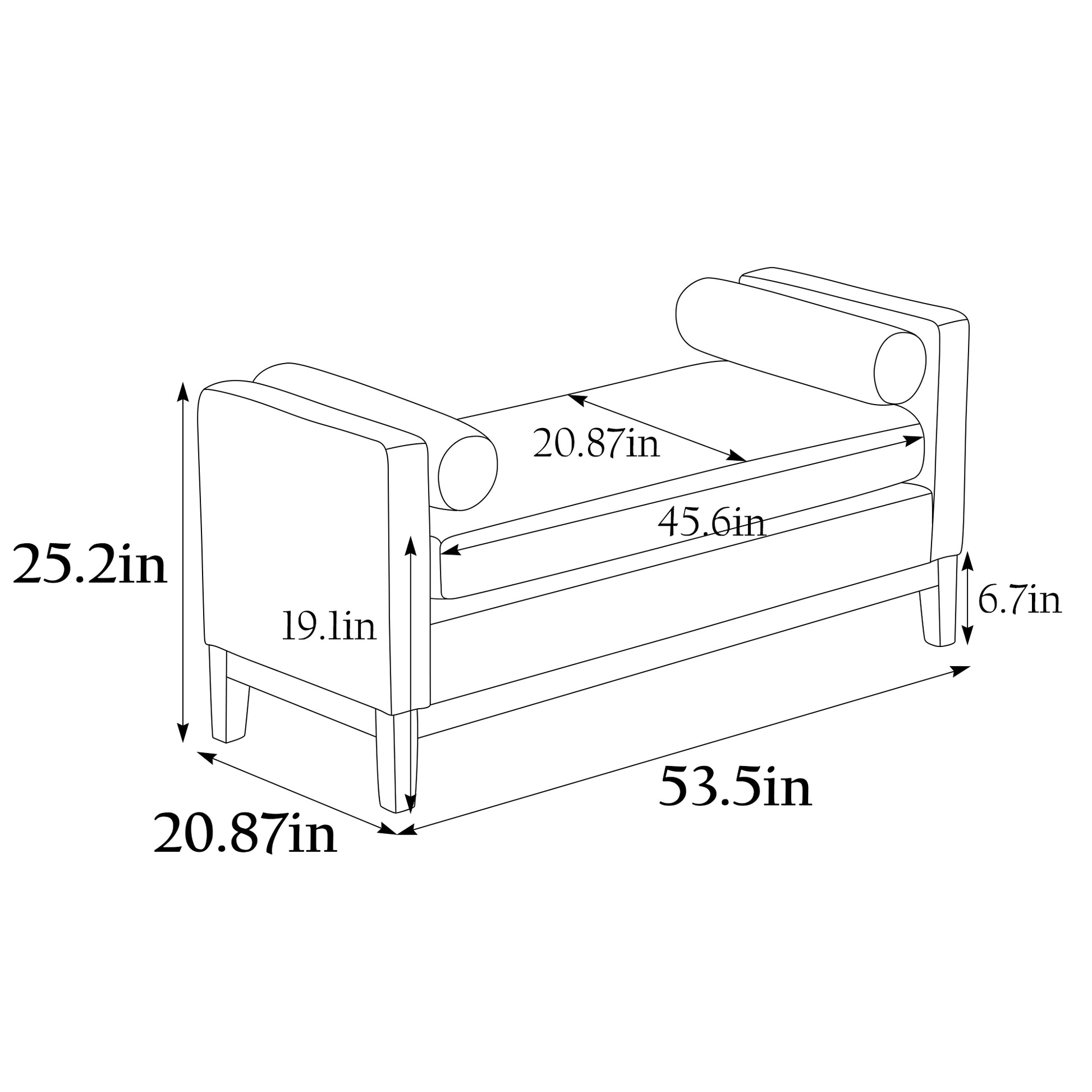 Line drawing of a bench with dimensions