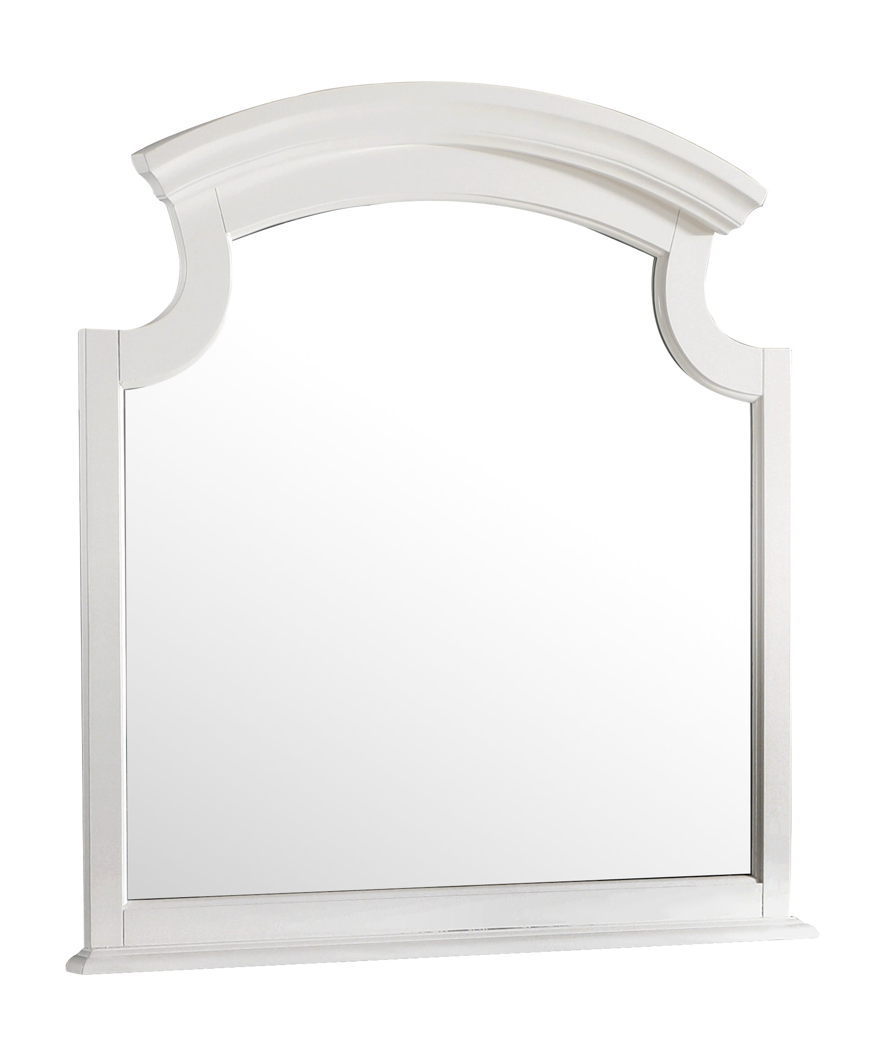 White arched vanity mirror with decorative trim