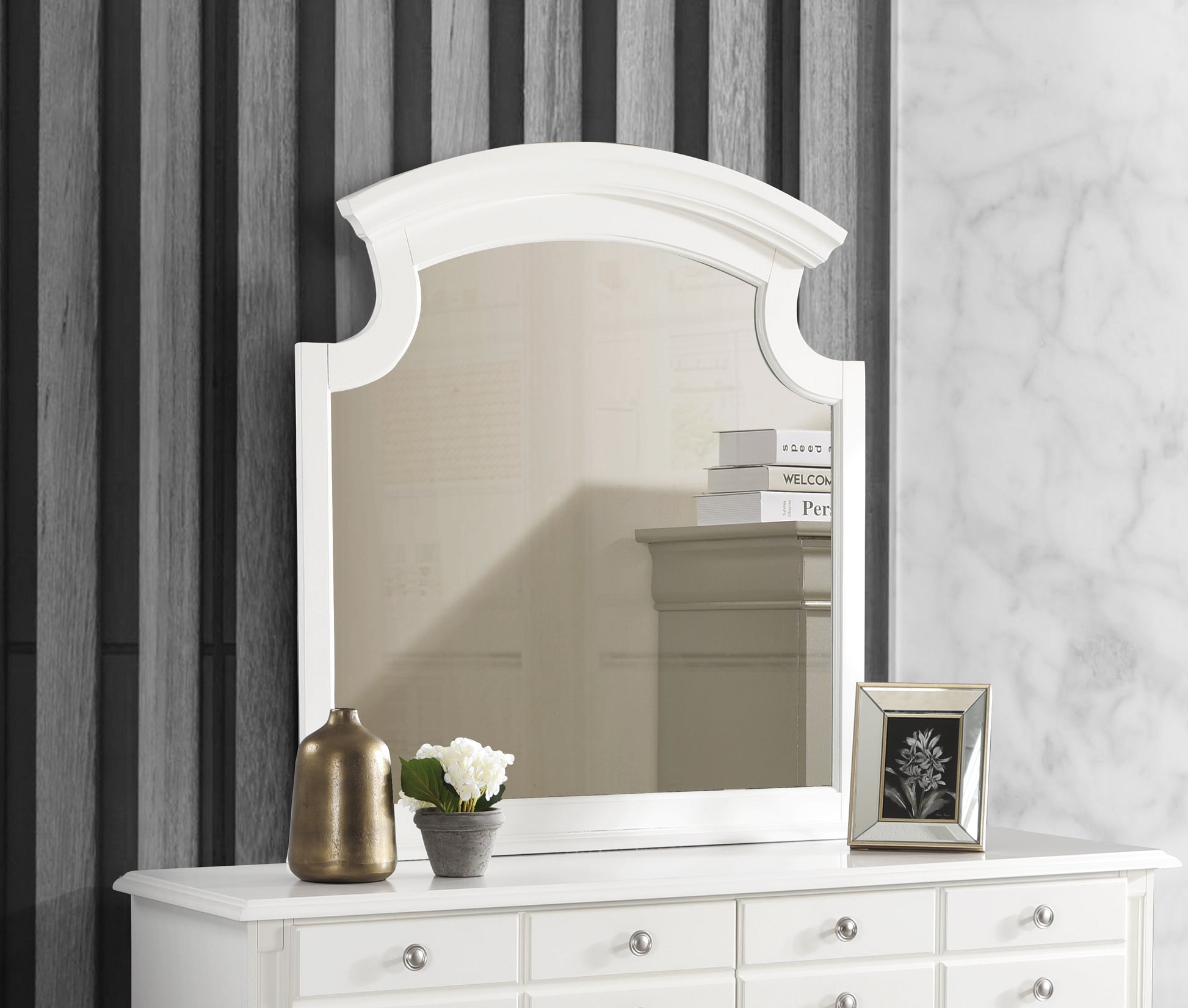 White wooden dresser mirror with arched top