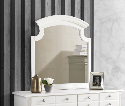 White wooden dresser mirror with arched top