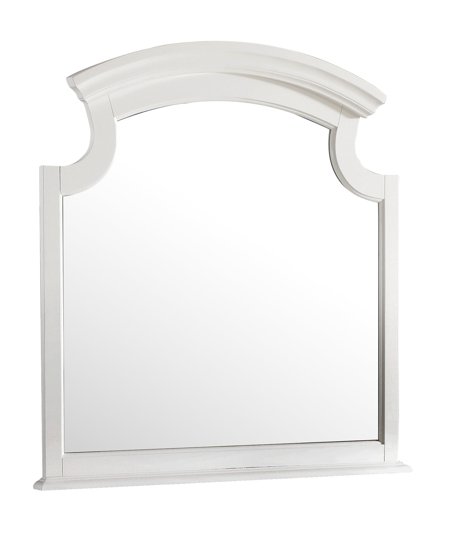 White wooden arched vanity mirror with carved details