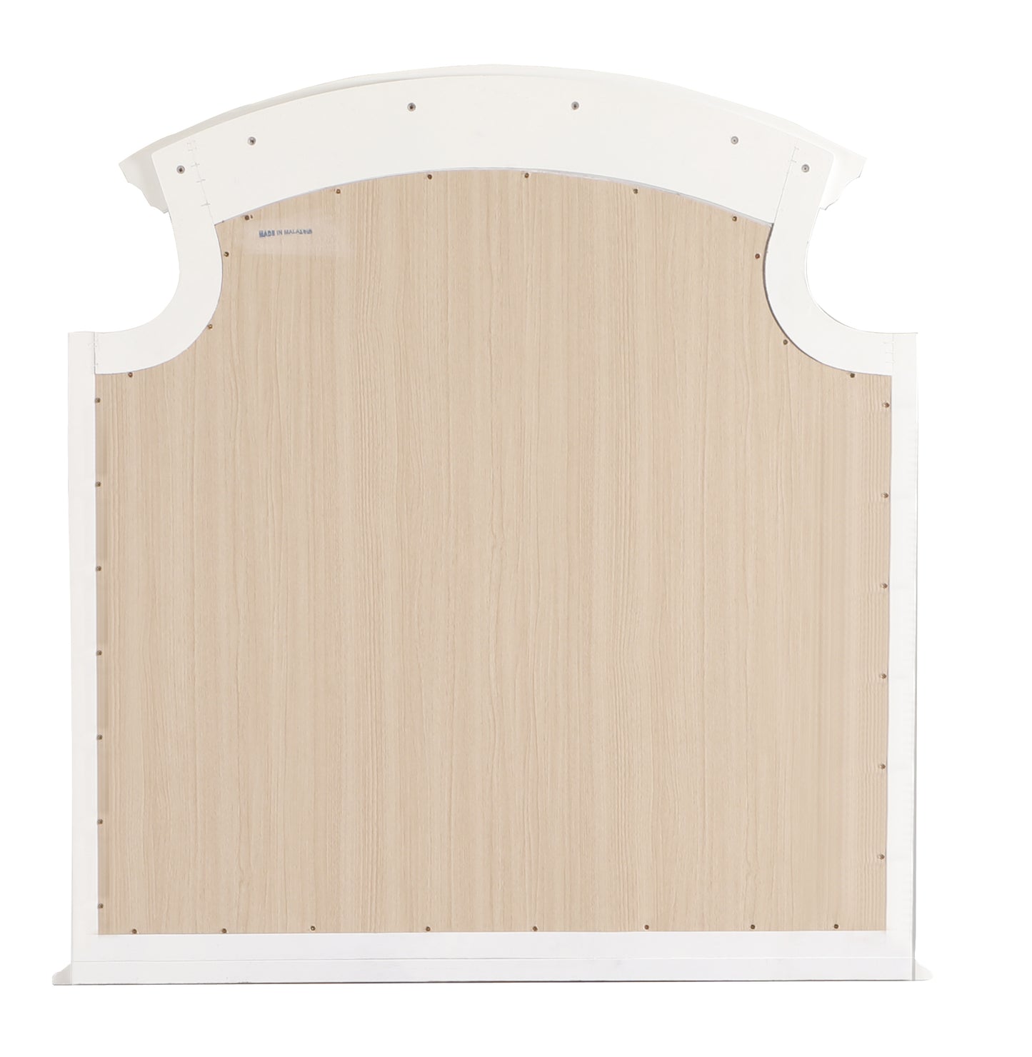 White wooden headboard with curved top and wood paneling