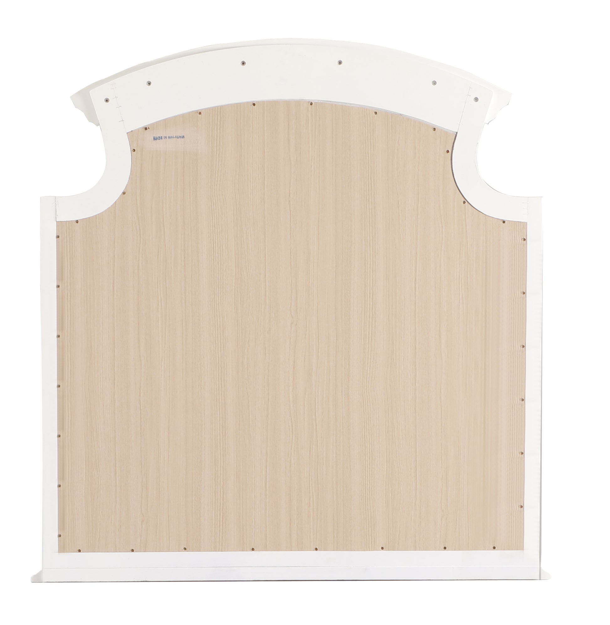 White wooden headboard with curved top and wood paneling