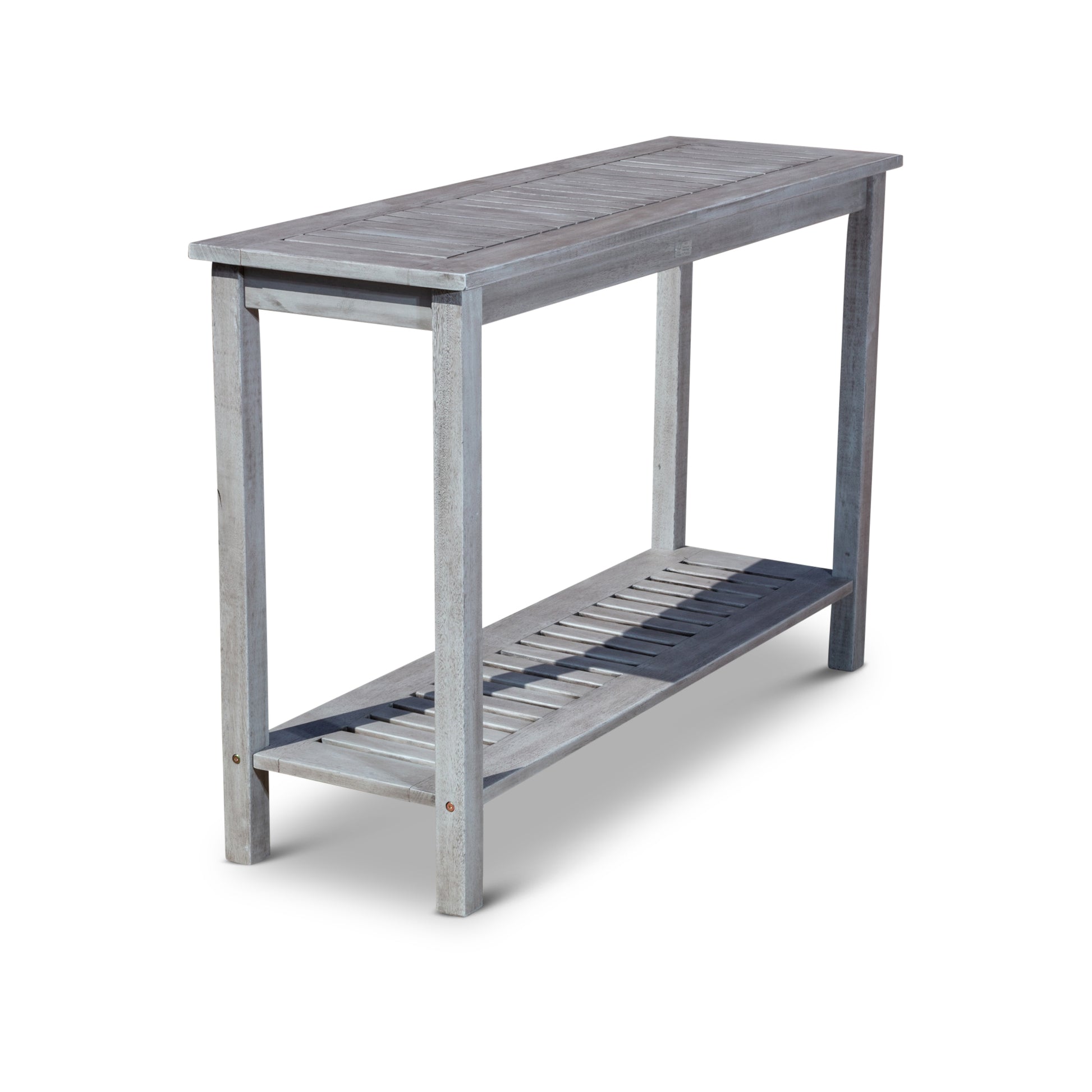 Gray weathered wood console table with slatted top and shelf