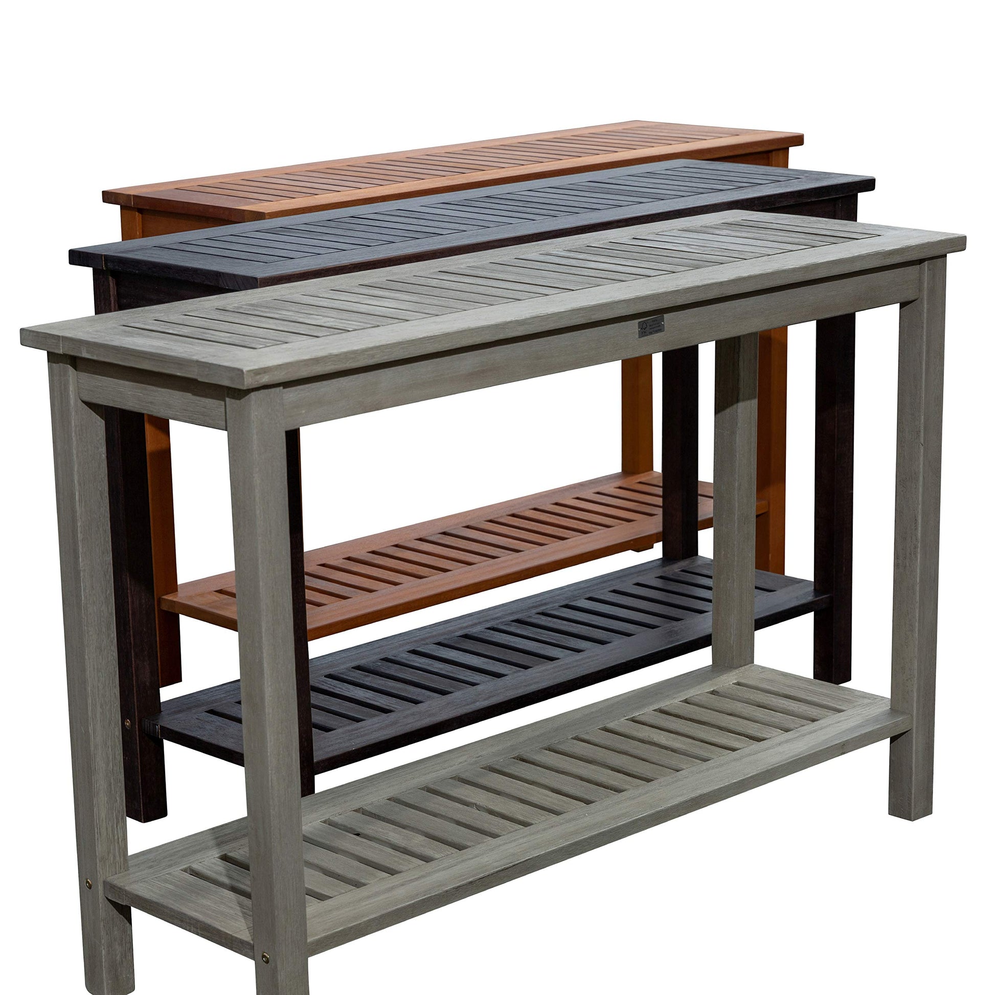 Wooden console table with slatted top in weathered grey finish