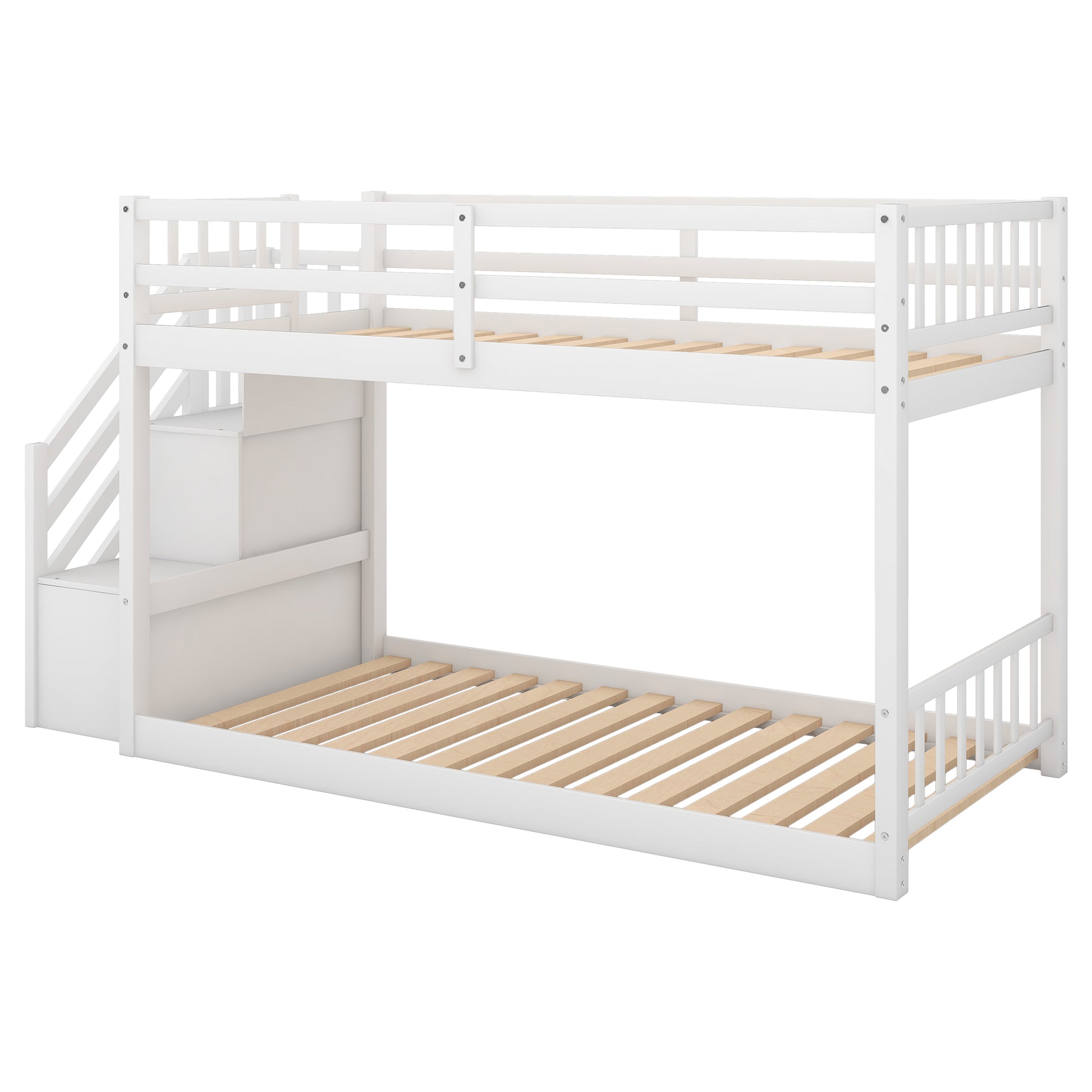White wooden twin over twin bunk bed with stairs and storage