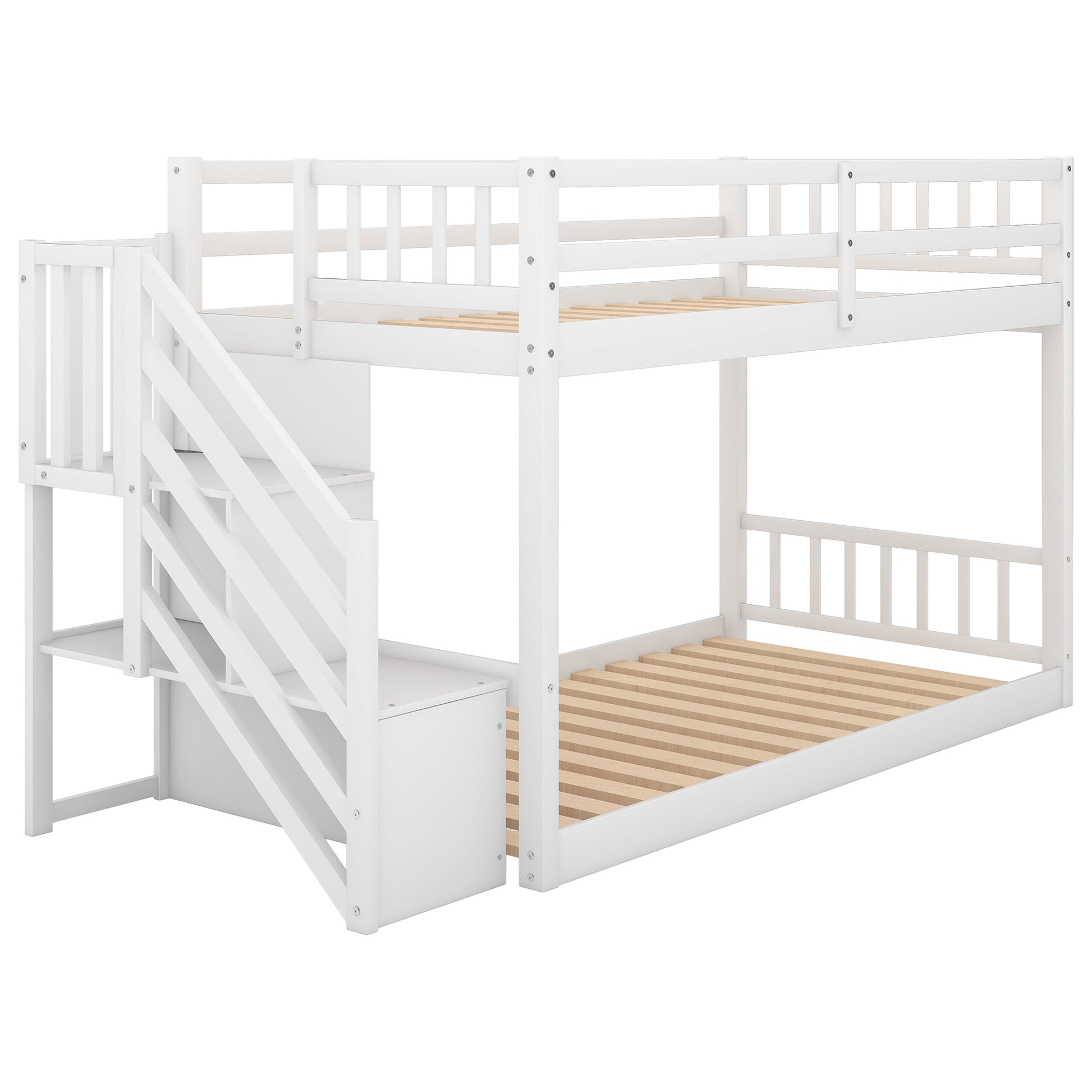 White wooden twin over twin bunk bed with stairs and storage
