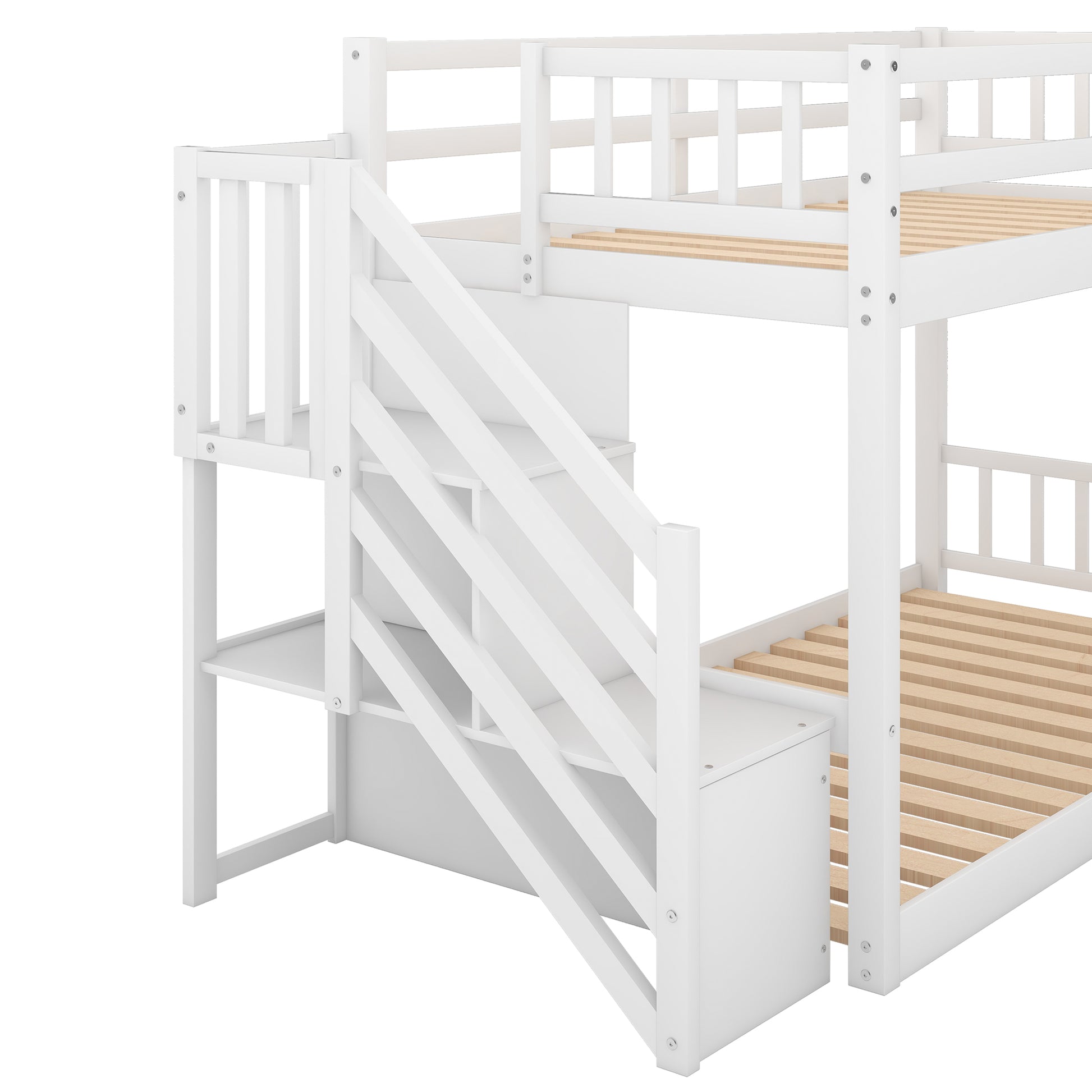 White wooden bunk bed with integrated storage steps and safety rails